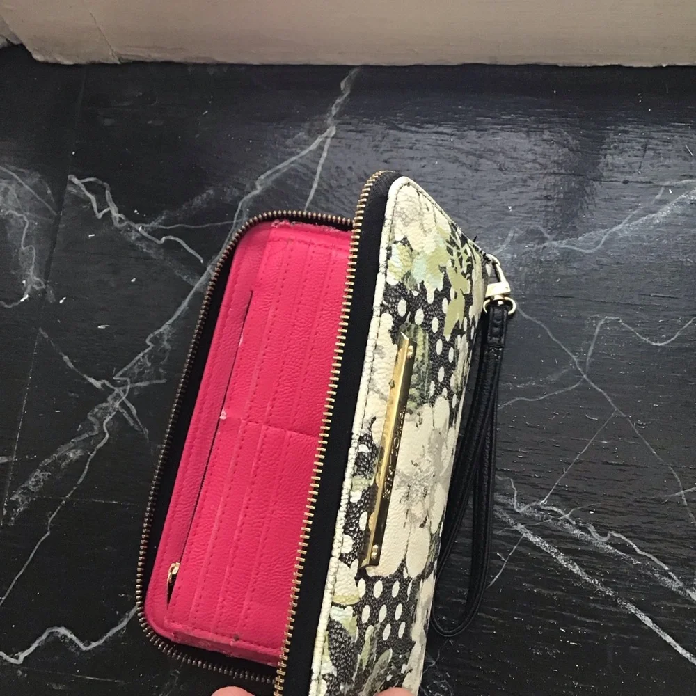 Betsey Johnson Black Floral & White Polka Dot Zip Wallet